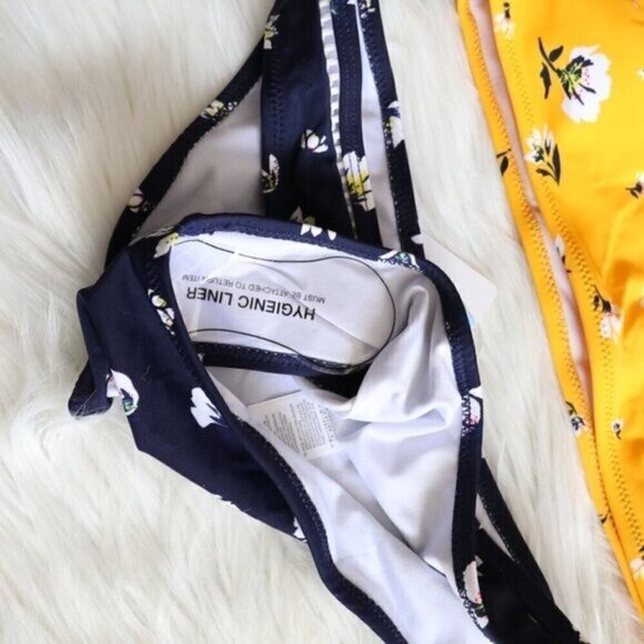 NEW Yellow Blue Floral Print V Neck Bikini Bathing Suit Set Size Large - Picture 4 of 8